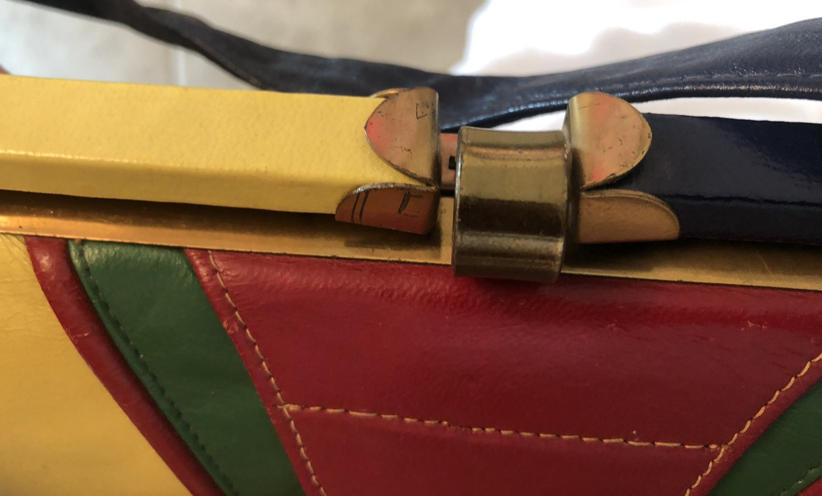 1950's Leather Patchwork Handbag with Brass Fitti… - image 9