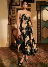 Sezane Tamia Strapless Dress, Black Floral Pila print, Size US 8 / EU 40