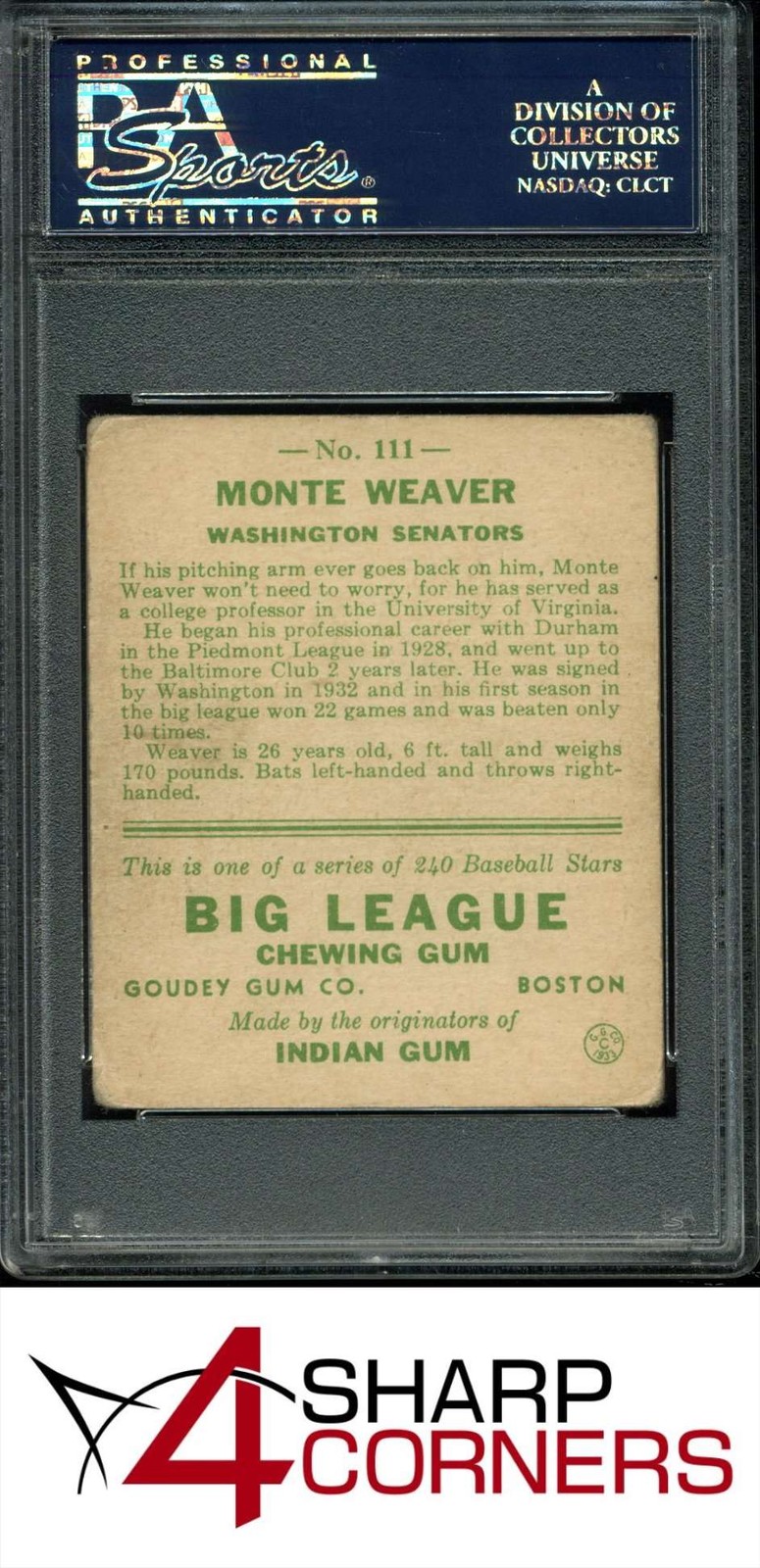 1933 GOUDEY #111 MONTE WEAVER RC SENATORS PSA 3 view 2