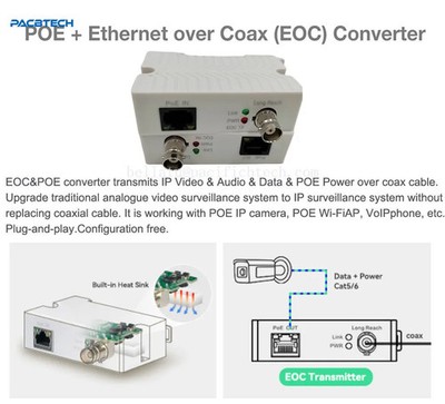 POE Over Coax EOC Converter IP Max 3000ft and Over Regular RG59 Coaxial Cable