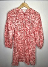 H&M Red White Abstract Ripple Print Tunic Dress S Small Cotton Balloon Sleeve...