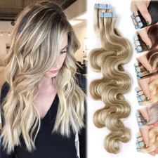 Hihglight Wavy 150G Tape In Human Remy Hair Extensions Skin Weft Thick Curly 8A 
