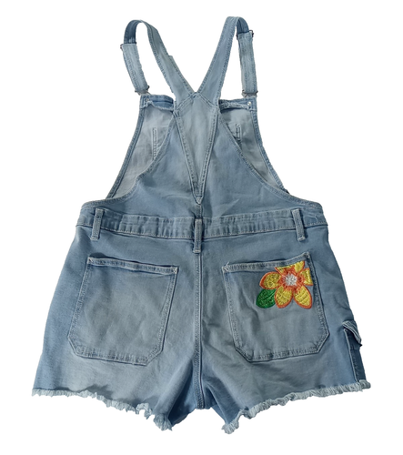 Denim Shortalls Bib Overall 2.5" Shorts Jr XL Embroidered Flowers Raw Hem - Picture 2 of 8