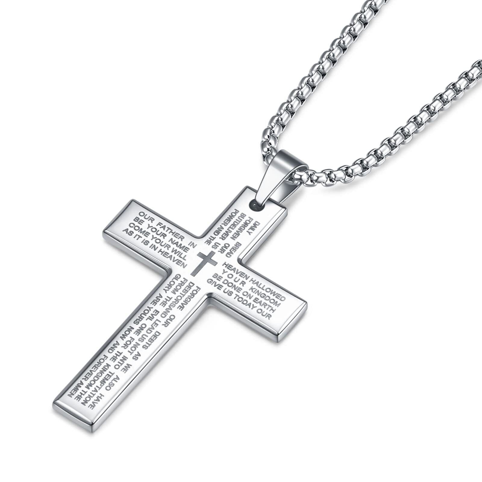 Men Boy Silver Cross Necklace Stainless Steel Christ Jesus Bible Pendant Chain