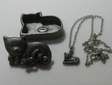 Vintage Torino Pewter Cat Trinket Box W/ Brooch Necklace & Earrings 