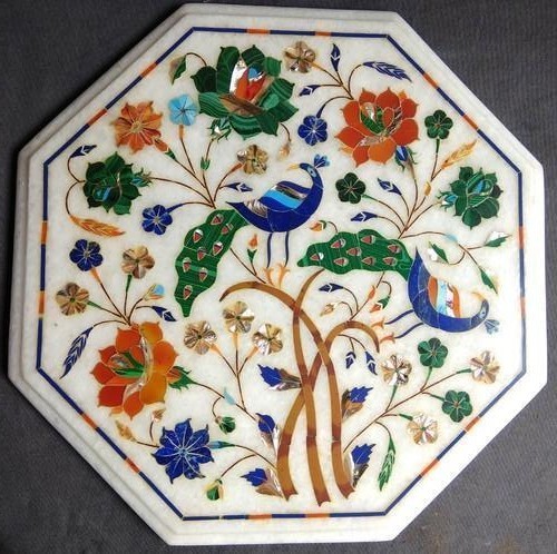 15-inch Marble Corner Coffee Table with Inlay Work for Home Garden Decor