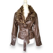 Vntg 90s Faux Leather & Fur Collar Moto Jacket Sz S Brown Belted Waist Y2k