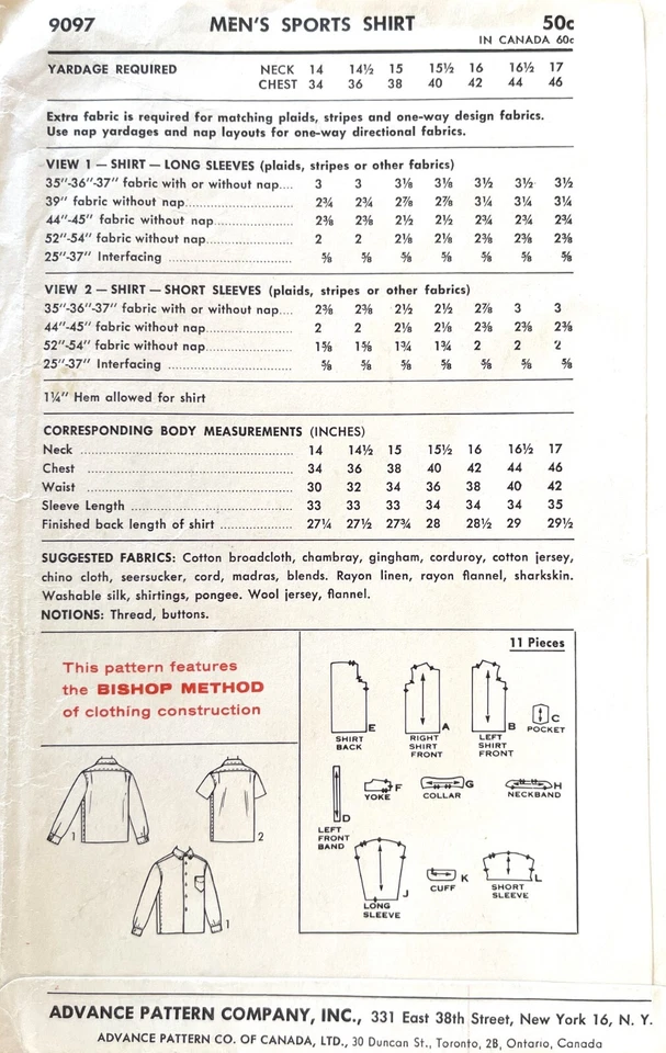 1950's Advance Men's Sports Shirt Pat Boone Pattern 9097 Size 40 UNCUT - Image 2 of 2