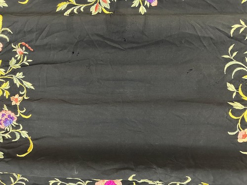 Antique Black Silk Pink Purple Floral Embroidery Boho Flapper Piano Shawl VTG - Picture 4 of 4