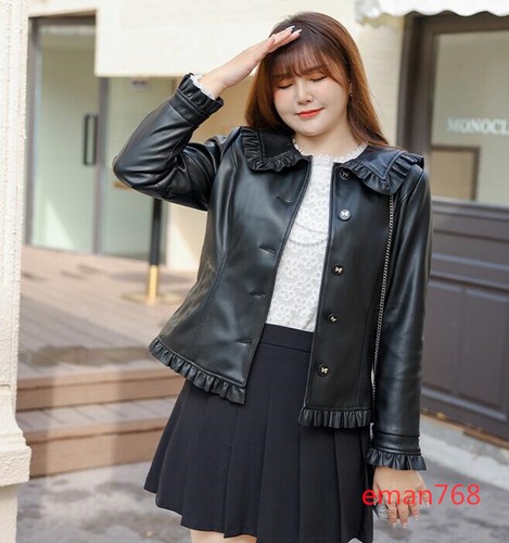 Womens Ruffle Lapel PU Leather Jackets 