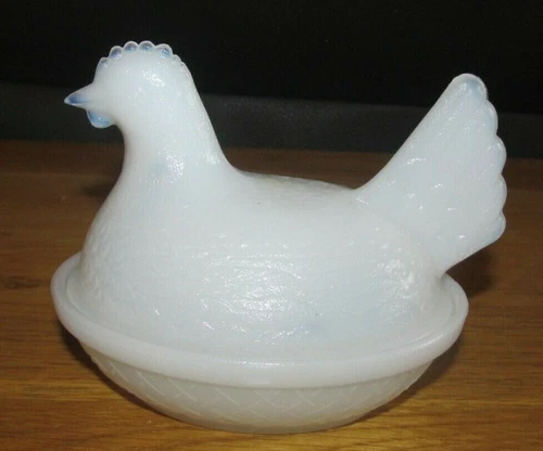 Vintage White Milk Glass Hen on Nest Lidded Dish