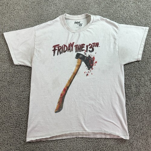 Friday The 13th Shirt Mens Large Beige Axe Horror Movie Short Sleeve FLAW
