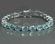 9Ct Oval Cut Lab Created Aquamarine Tennis Bracelet 14K White Gold Plated