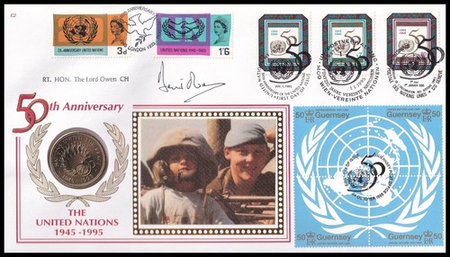 LORD OWEN Signed 50th Anniversary of the United Nations BU £2 Coin Benham Cover - 第 1/2 張圖片