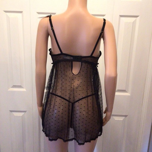 Daisy Fuentes 2pc Black Dot Mesh Babydoll Nightie & G-string Panty Set Size XL - Picture 6 of 11