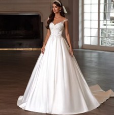 A Line Scoop Neck Satin Wedding Dresses Cap Sleeves Beaded Bridal Gowns