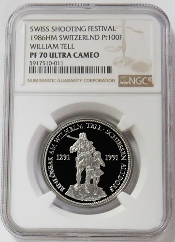 1986 PLATINUM SWITZERLAND 1oz WILLIAM TELL SHOOTING THALER NGC PF 70 UC