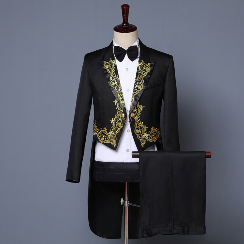 Men Embroidered Peak Lapel Tuxedo Tailcoat Suit Jacket Pants