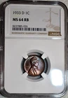 NGC MS-64 RB 1933-D Lincoln Cent, Beautifully Toned, Red-Brown specimen.