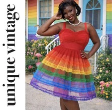 Unique Vintage 1950s Rainbow Tiered Sheer Skirted Mini Swing Dress, 2x, NWT!