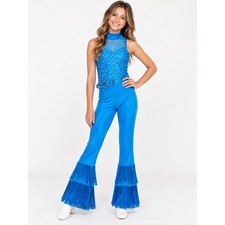 Weissman Girls Dance Jumpsuit Sequin Fringe Mock Neck Blue Unitard Size SA
