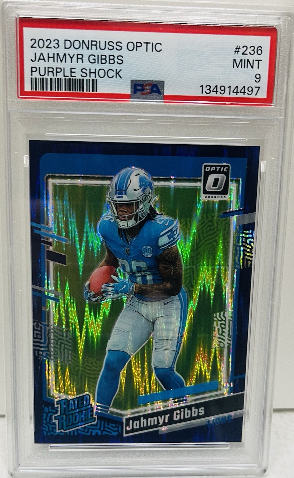 2023 Panini Donruss Optic Jahmyr Gibbs #236 Purple Shock Rookie PSA 9