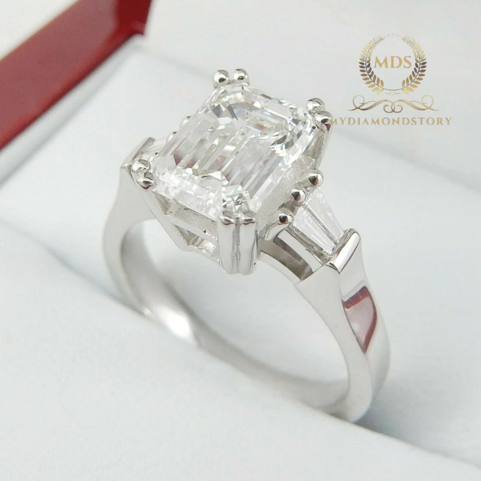 Moissanite Three Stone Engagement Ring Solid 14K White Gold 3 Carat Emerald Cut - Image 2 of 4
