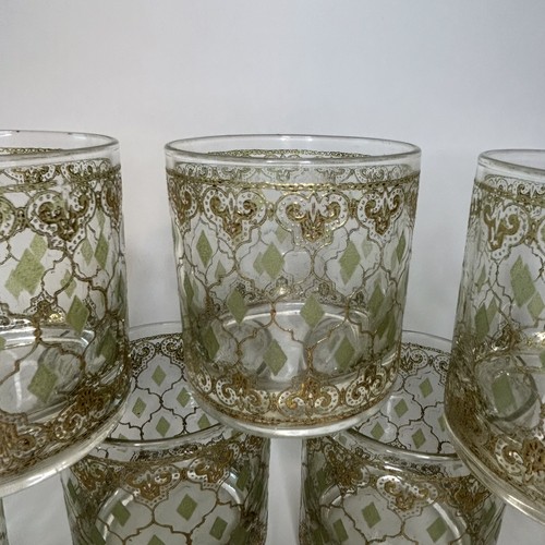 Vintage Culver Valencia Old Fashioned Glasses 22k Gold~Green Diamonds Set Of 9 - Picture 9 of 9