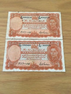 10 shillings 1942 Armitage/McFarlaine KGVI banknotes x 2