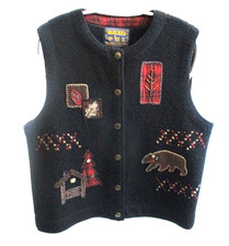 Woolrich Women's Black Boiled Wool Vest Cabin Themed Patches Tree, Bear, Medium