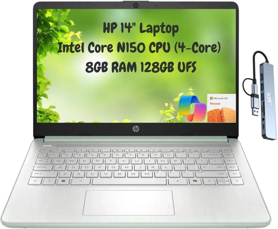 HP Laptop 14" HD Intel N150 8GB 256GB Webcam Office 365 Docking + 128GB microSD