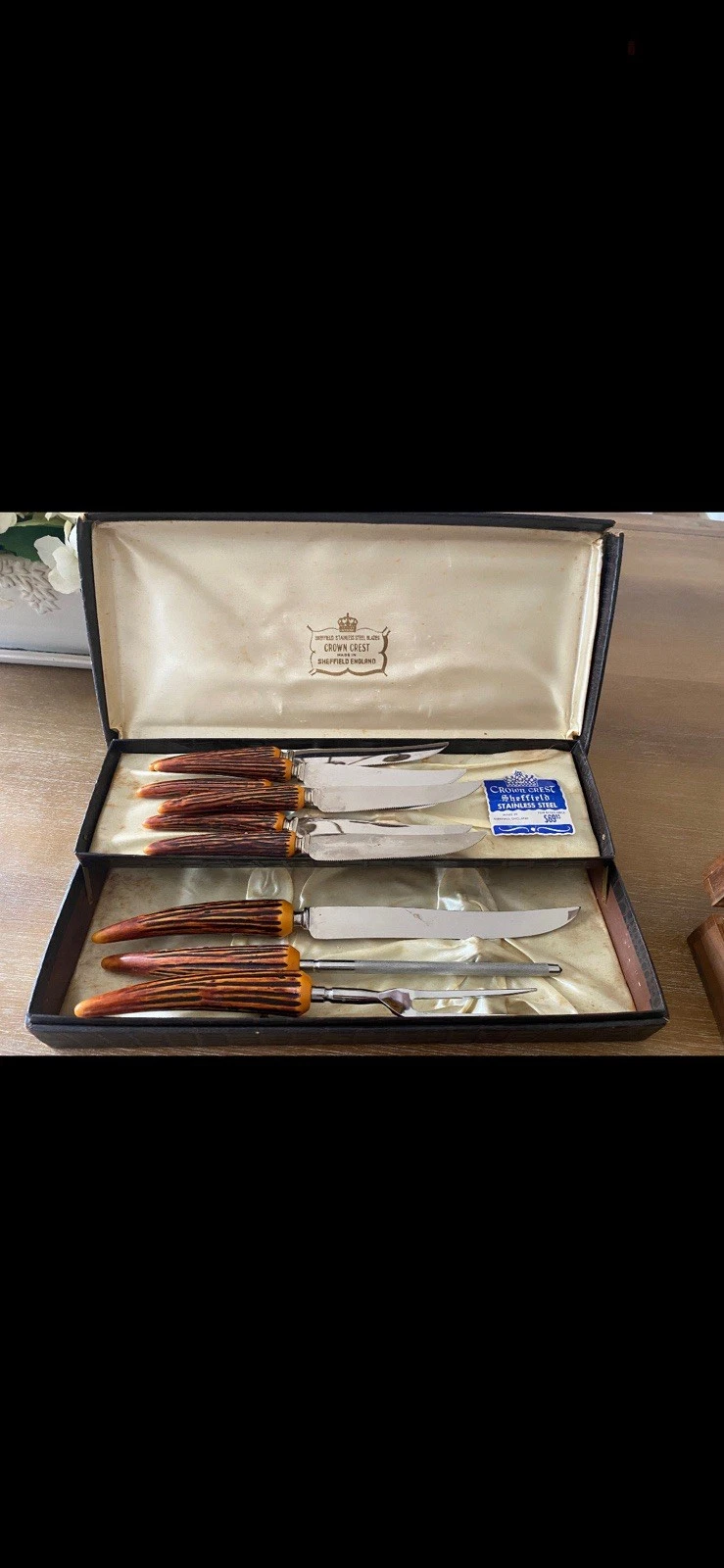 Reo Vintage Crest Sheffield Serrated Knife Set Bakelite, Faux Antler
