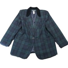 Sag Harbor Wool Blazer 16 Green Navy Tartan Plaid Velvet Collar Preppy Academia