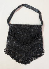 Small Black Purse Beaded Sequins Fringe Trim Flapper Hong Kong Evening Bag Prom
