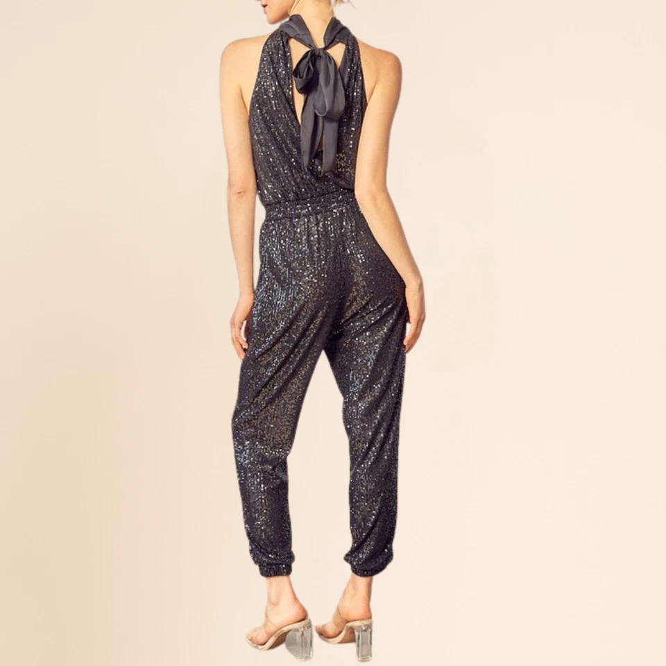 Para Mujer Mono Negro Lentejuelas Cuello Alto Halter Brillante Una Pieza Conjunto de Fiesta Foto 4 de 4