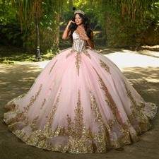Glitter Pink Quinceanera Dress Gold Lace Applique Beading Bow Sweet 16 Ball Gown
