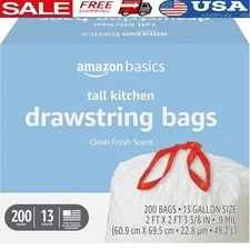 Durable 13 Gallon Kitchen Trash Bags W/ Drawstring Closure Fresh Scent 200 Count