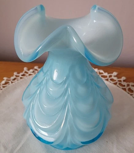 Vintage Fenton Art Glass Blue Overlay Cased Glass Vase.