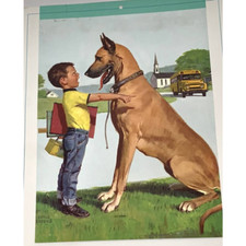 Calendario 1966 "Vai a casa" ragazzo che cerca di prendere il cane a casa litografia stampa artistica