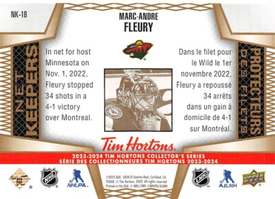 2023-24 Upper Deck Tim Hortons Net Keepers #NK18 Marc-Andre Fleury