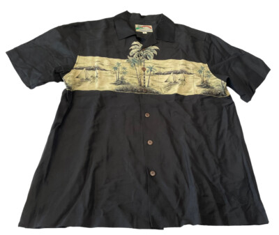 Paradise Found Silk Hawaiian Shirt Mens Large Honolulu Black Palm Trees Beach