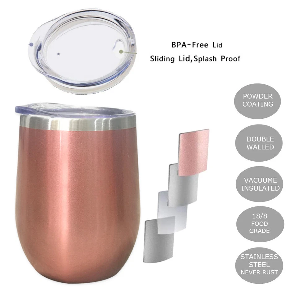 Vaso de vino de acero inoxidable 12 oz tapa para sorber vacío doble pared aislada Foto 3 de 4