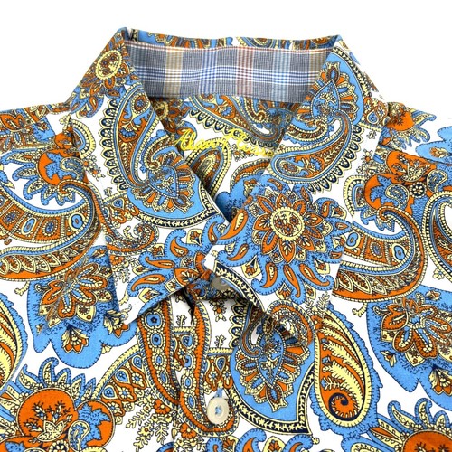 Camicia uomo Alan Flusser paisley con bottoni manica lunga 2XL cotone blu arancione - Foto 4 di 13