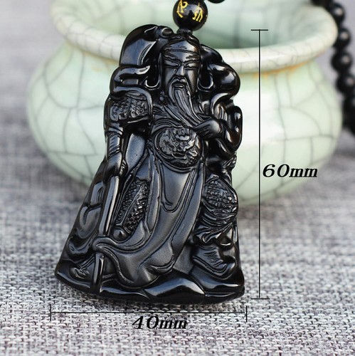 Collar de obsidiana negra Guan Gong dios de la riqueza sostener espada ancha colgante cuentas - Imagen 6 de 7