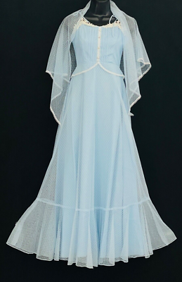 Vintage 1970s pastel blue formal maxi dress sheer lace shawl Victorian  peplum XS | eBay