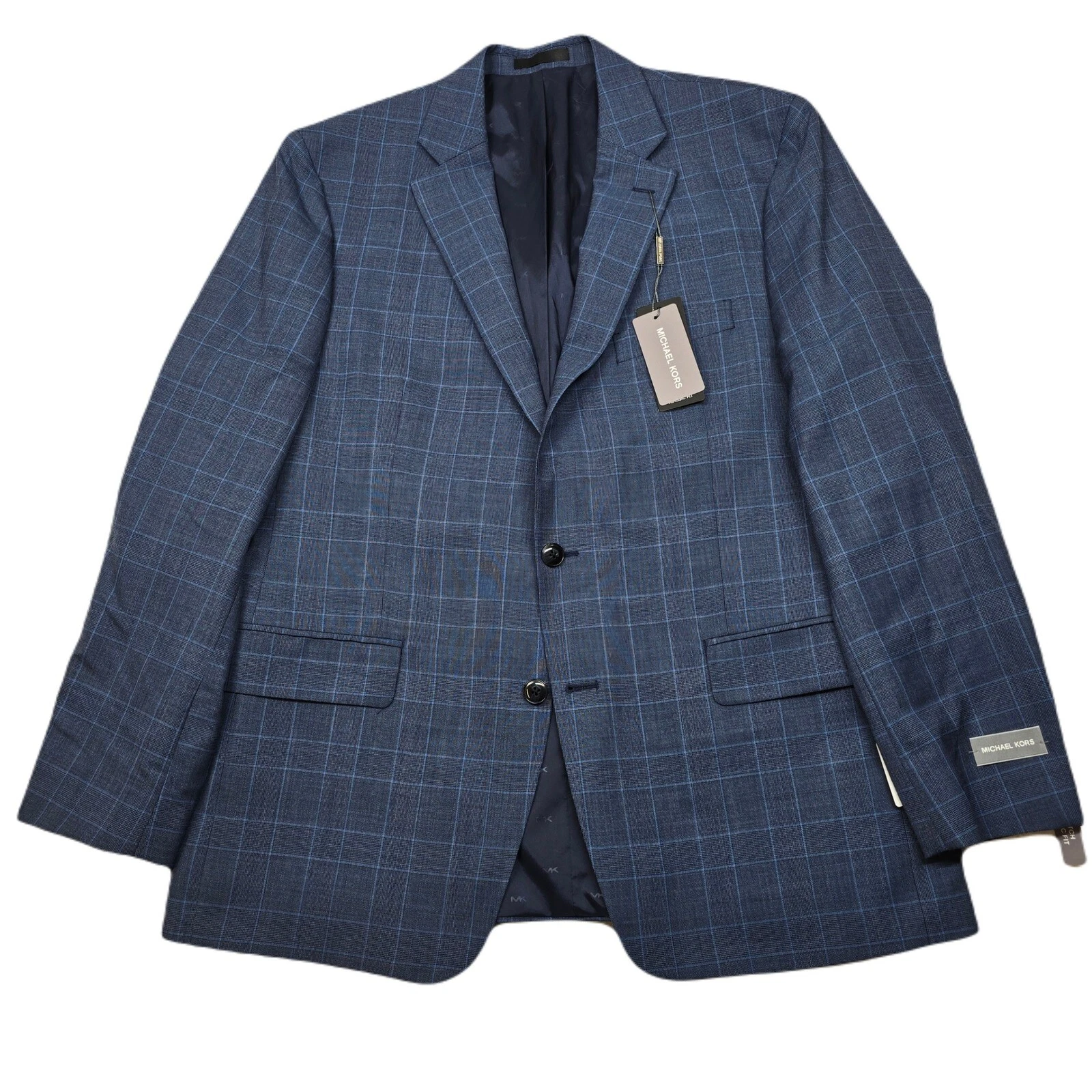 Cappotto sportivo Michael Kors Kidwell uomo 42R 42 blu a quadri elasticizzato vestibilità classica $450