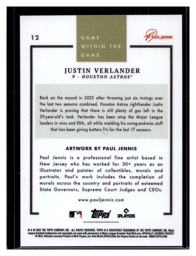 2022 Topps Game Within the Game #12 Justin Verlander Card (e) - Picture 2 of 2