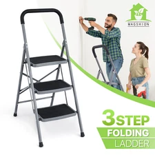 Folding 3 Step Ladder Sturdy Iron Step Stool Soft-Grip Handle 330lbs Pedal Black