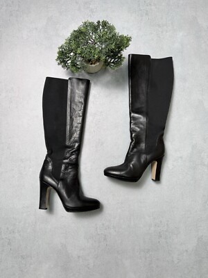 Max Mara Knee High Boots Black Leather Womens Size EU 38.5 US 8.5