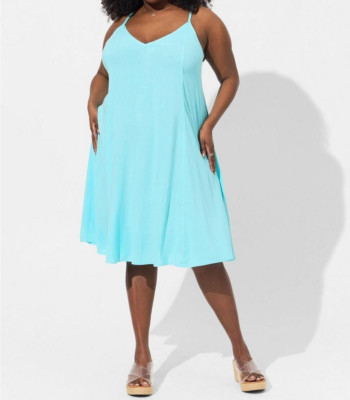 Torrid Midi Rayon Slub V Neck Cami Beach Dress Blue Radiance 0 L 12 E90012